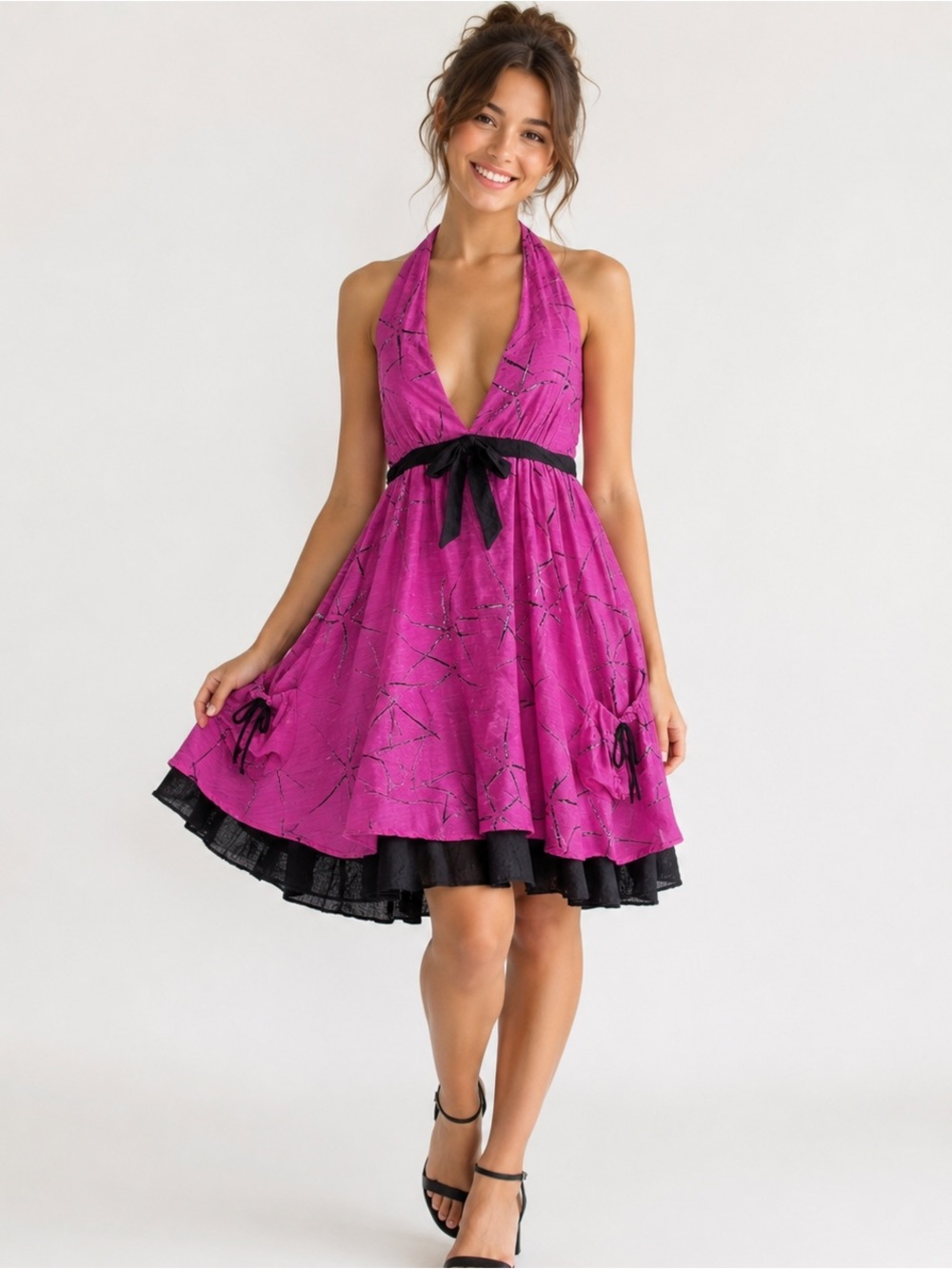 Eva Franco Anthropologie Halter Dress 6 Pink Black Silk Blend Tiered Mini Party